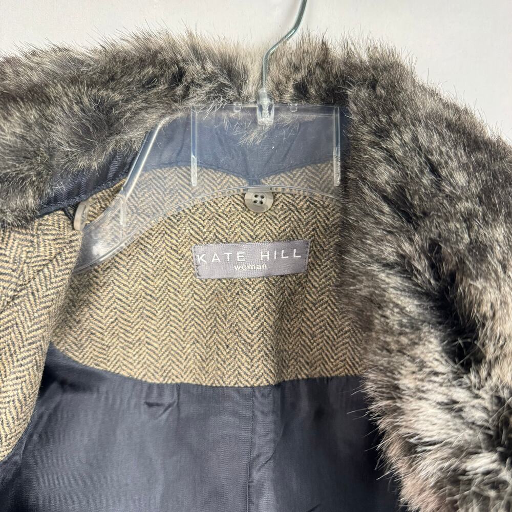 Kate Hill Wool Blend Herringbone Lightweight‎ Blazer Faux Fur Collar Jacket 14W - Picture 6 of 14